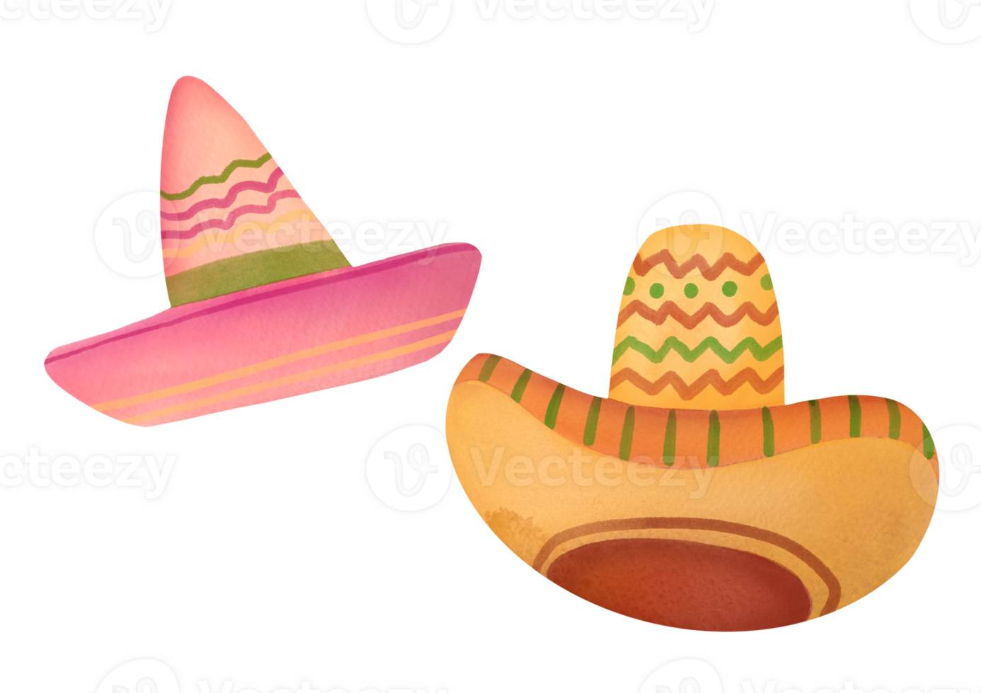 Watercolor hand drawing sombrero hat isolated on transparent background. Mexico traditional culture, Mexican  National Headdress. western accessories, cute clipart set cutout. Cinco de Mayo png