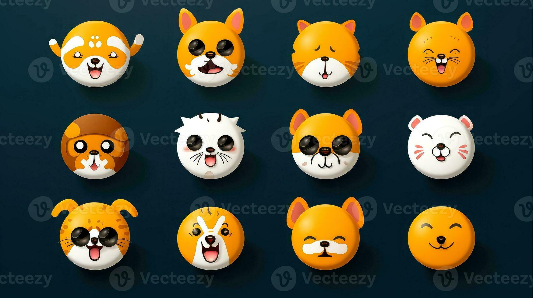 conjunto de animal caras, cara emojis, pegatinas, emoticones, dibujos animados gracioso mascota caracteres cara colocar, generativo ai ilustración foto