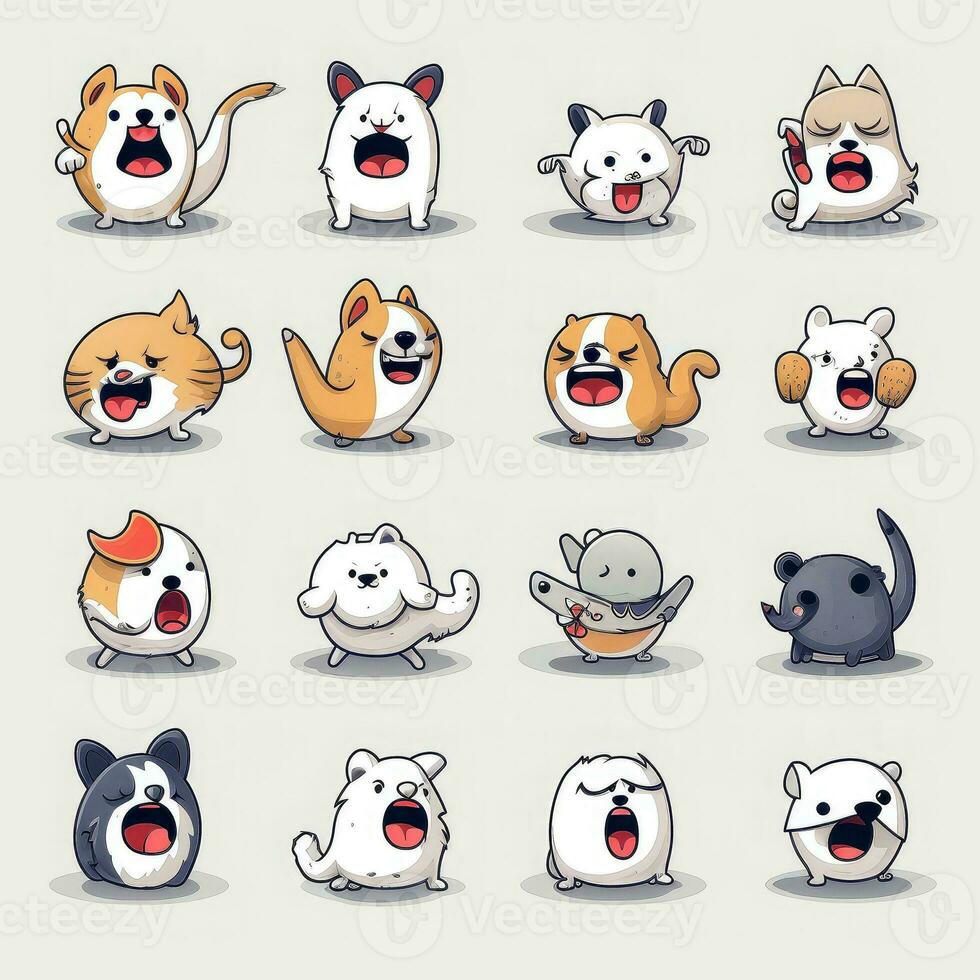 Set of animal faces, face emojis, stickers, emoticons,cartoon funny mascot characters face set, Generative AI illustration photo