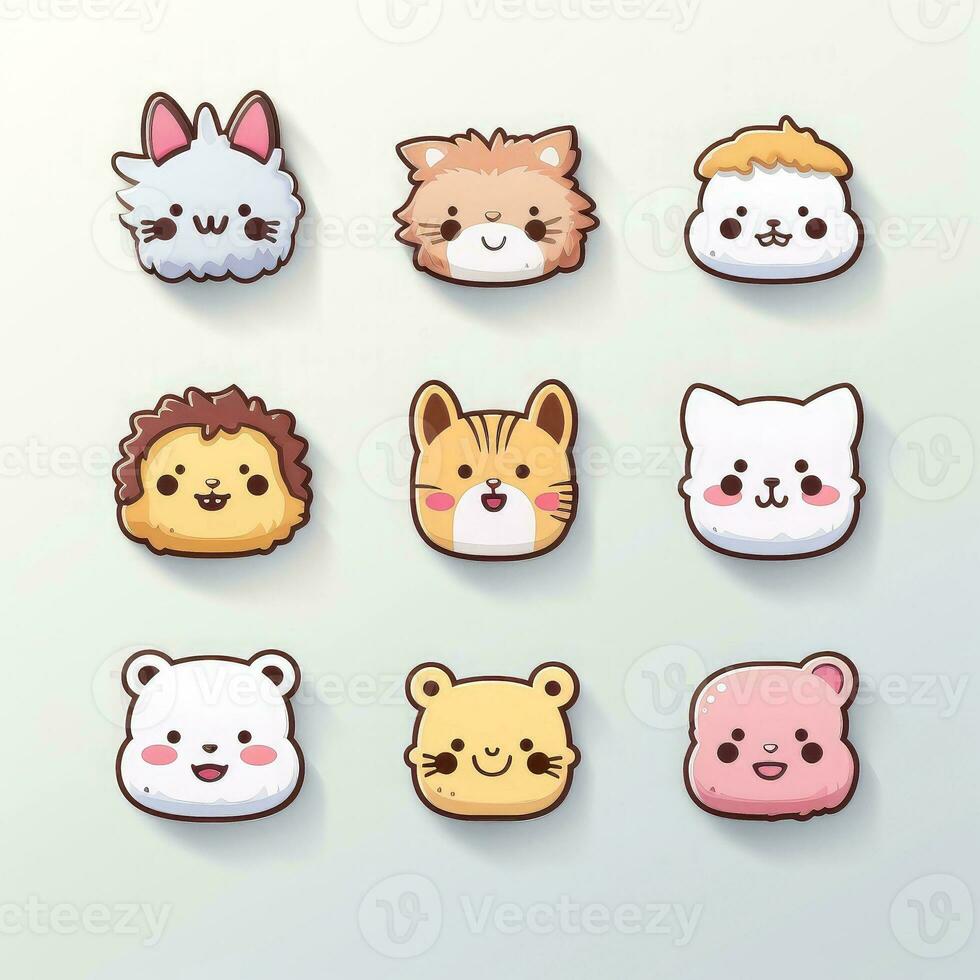 Set of animal faces, face emojis, stickers, emoticons,cartoon funny mascot characters face set, Generative AI illustration photo