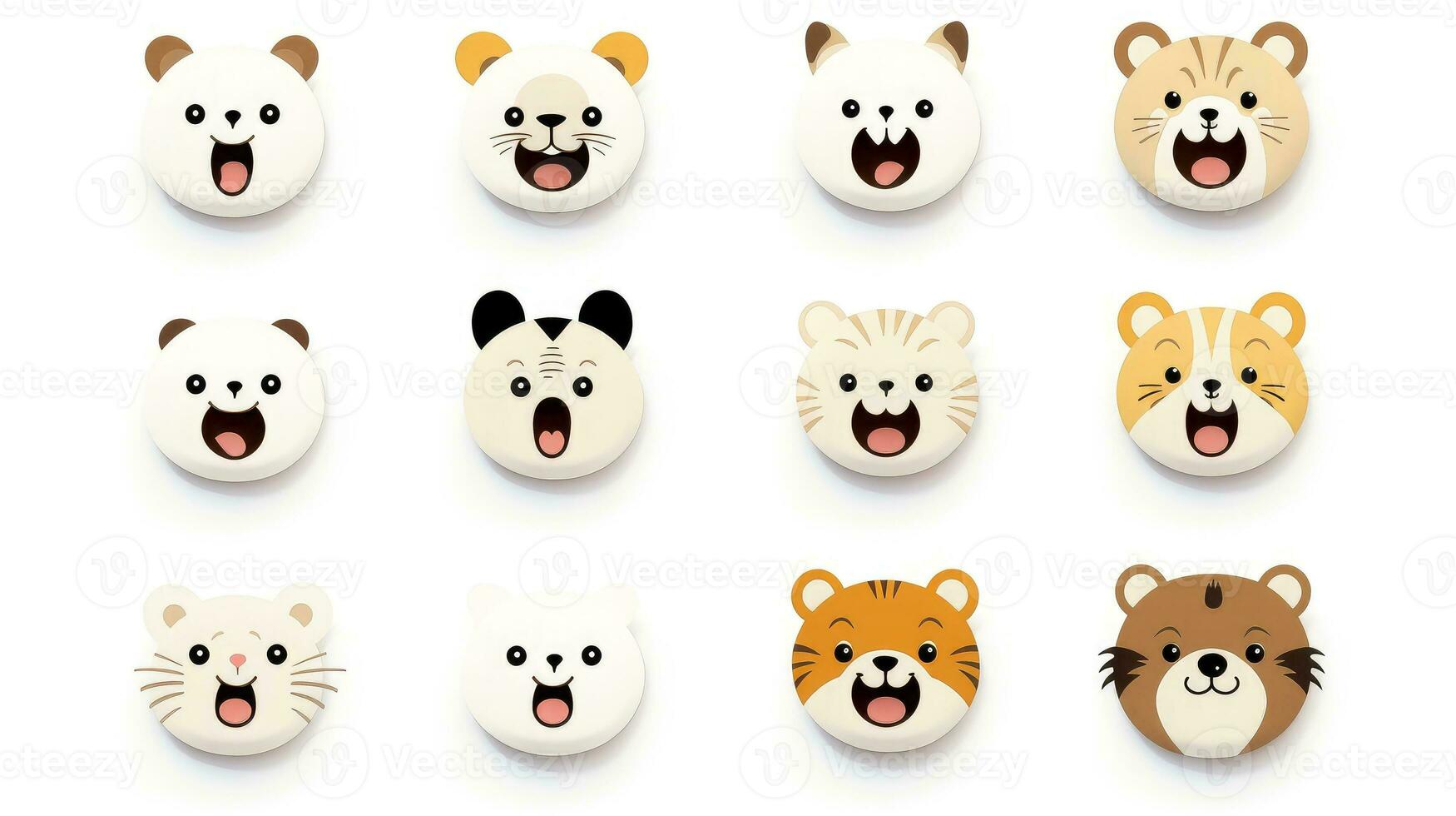 Set of animal faces, face emojis, stickers, emoticons,cartoon funny mascot characters face set, Generative AI illustration photo