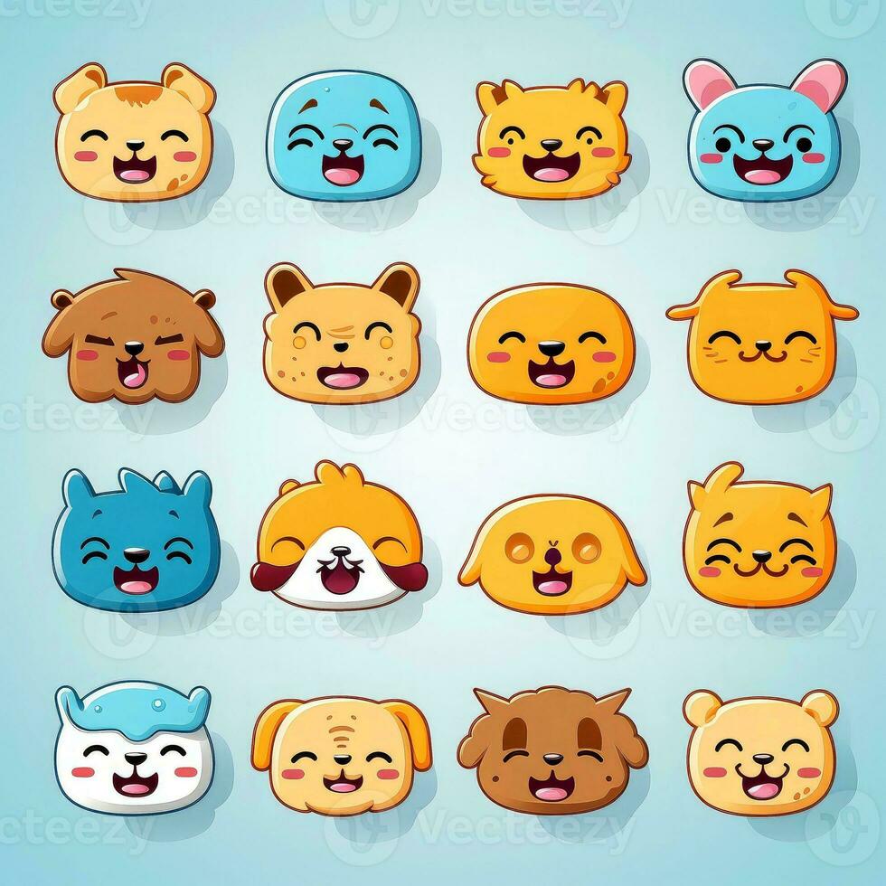 Set of animal faces, face emojis, stickers, emoticons,cartoon funny mascot characters face set, Generative AI illustration photo