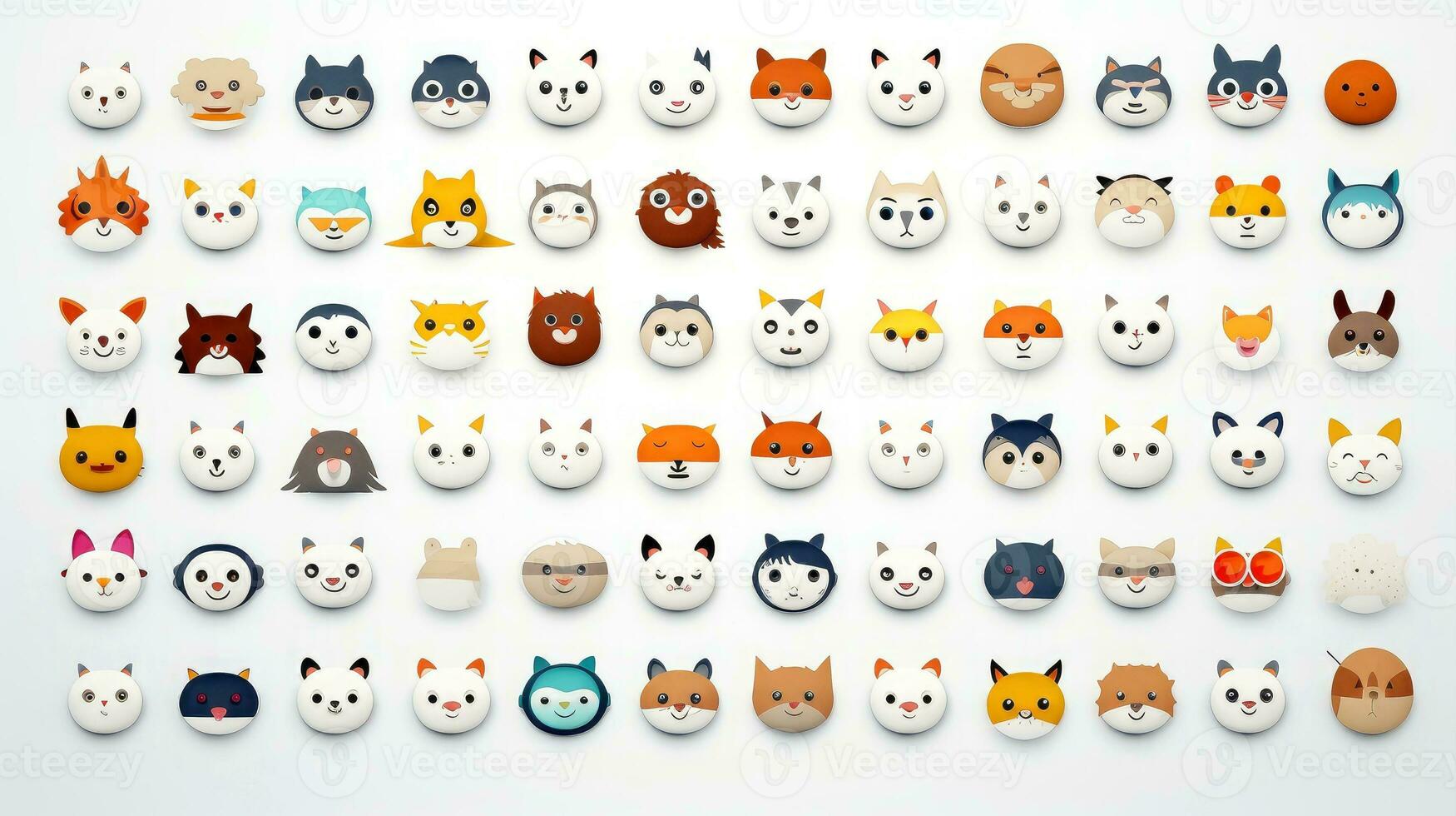 Set of animal faces, face emojis, stickers, emoticons,cartoon funny mascot characters face set, Generative AI illustration photo