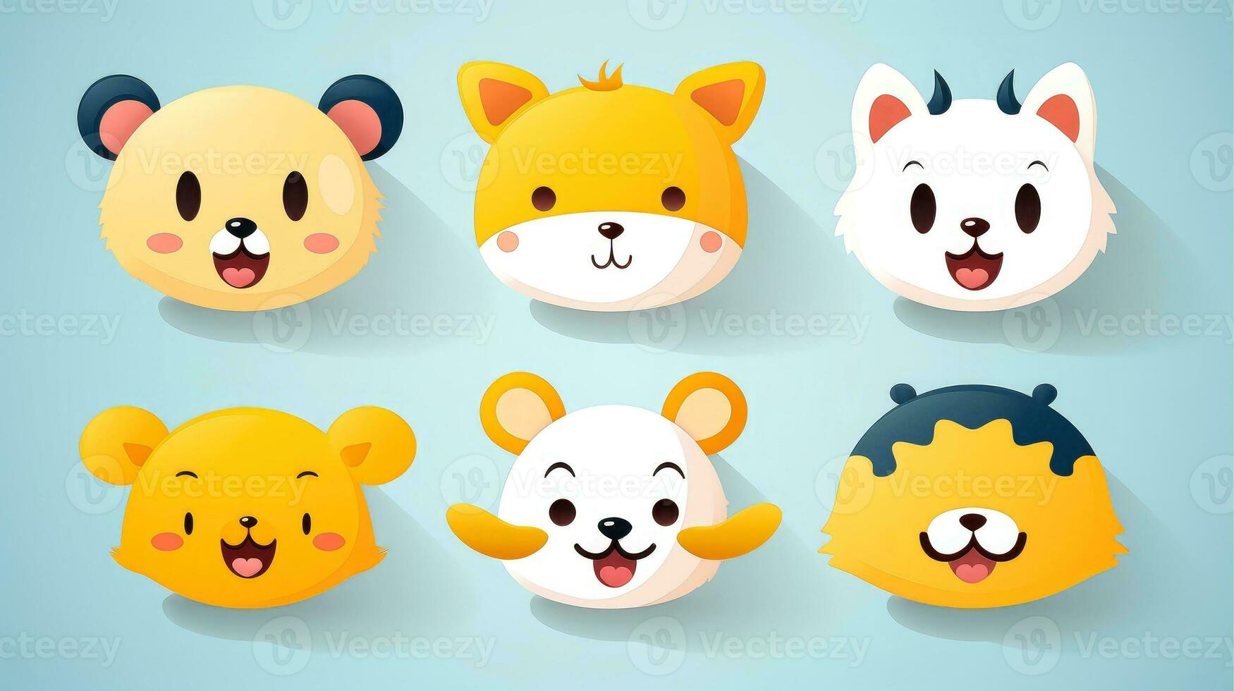 conjunto de animal caras, cara emojis, pegatinas, emoticones, dibujos animados gracioso mascota caracteres cara colocar, generativo ai ilustración foto