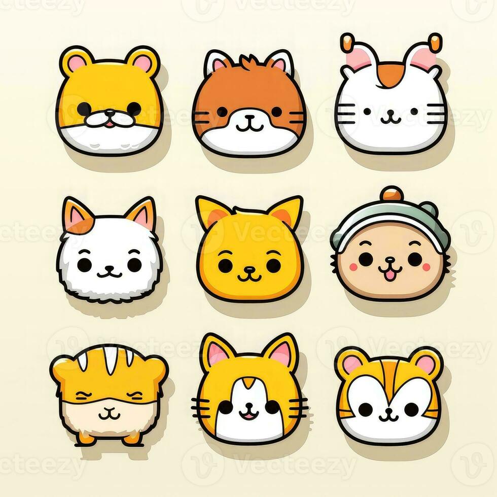 Set of animal faces, face emojis, stickers, emoticons,cartoon funny mascot characters face set, Generative AI illustration photo