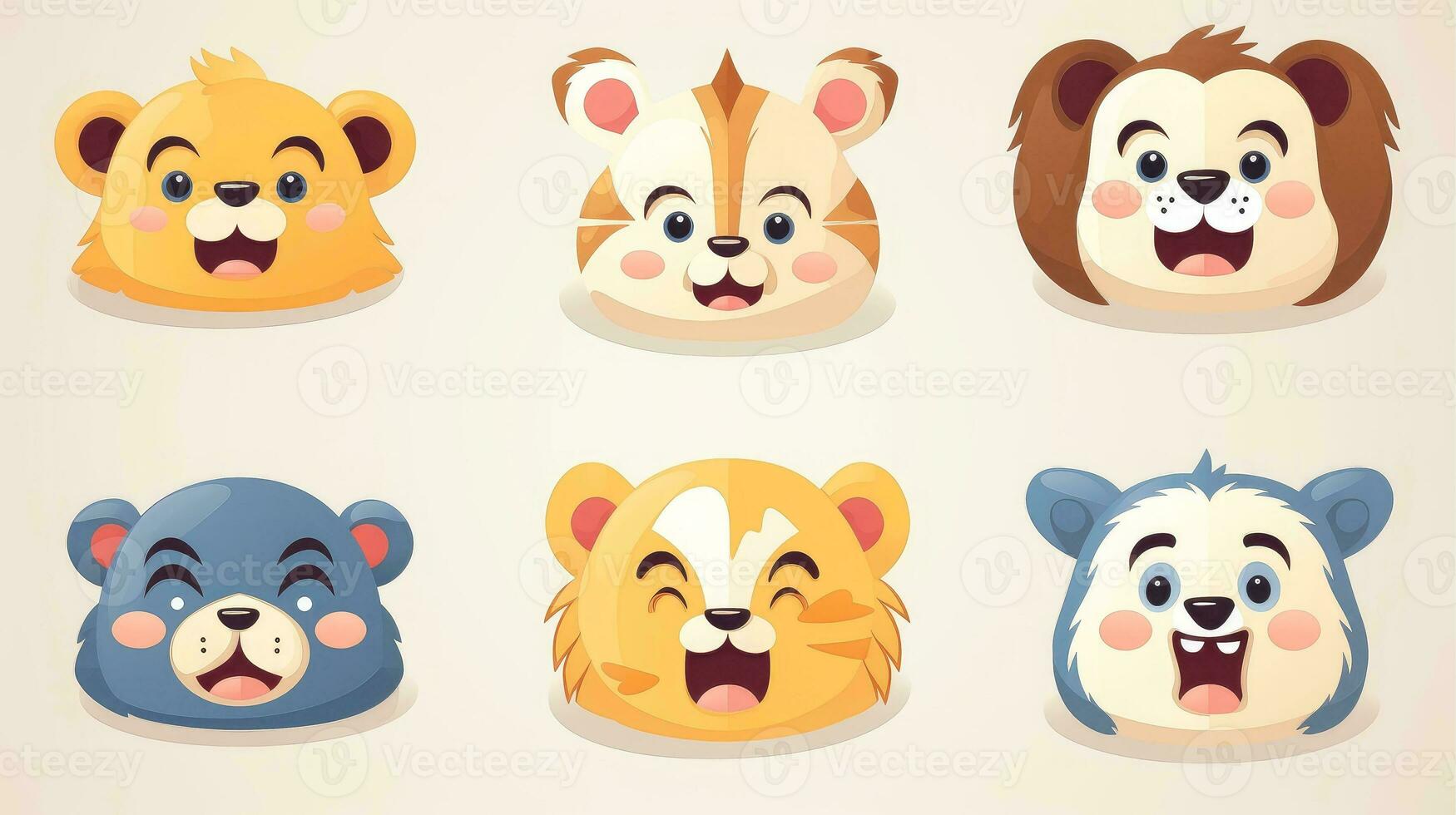 conjunto de animal caras, cara emojis, pegatinas, emoticones, dibujos animados gracioso mascota caracteres cara colocar, generativo ai ilustración foto