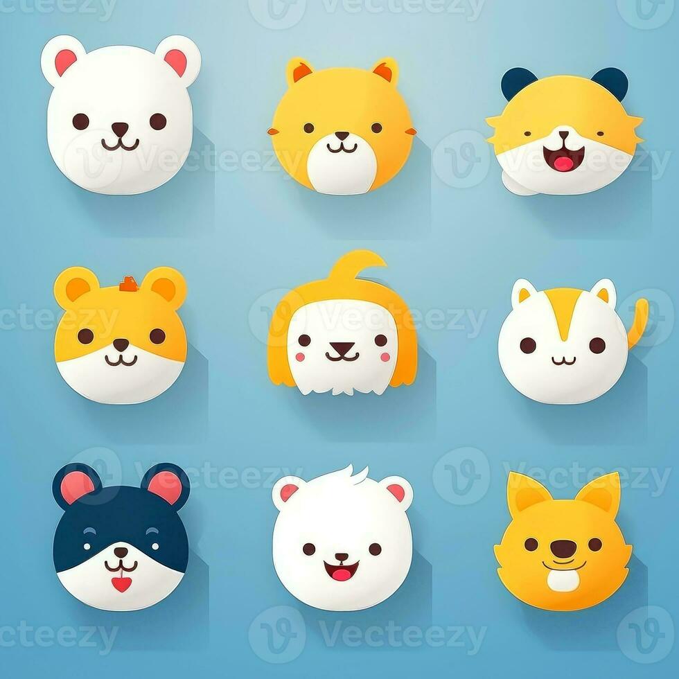 conjunto de animal caras, cara emojis, pegatinas, emoticones, dibujos animados gracioso mascota caracteres cara colocar, generativo ai ilustración foto