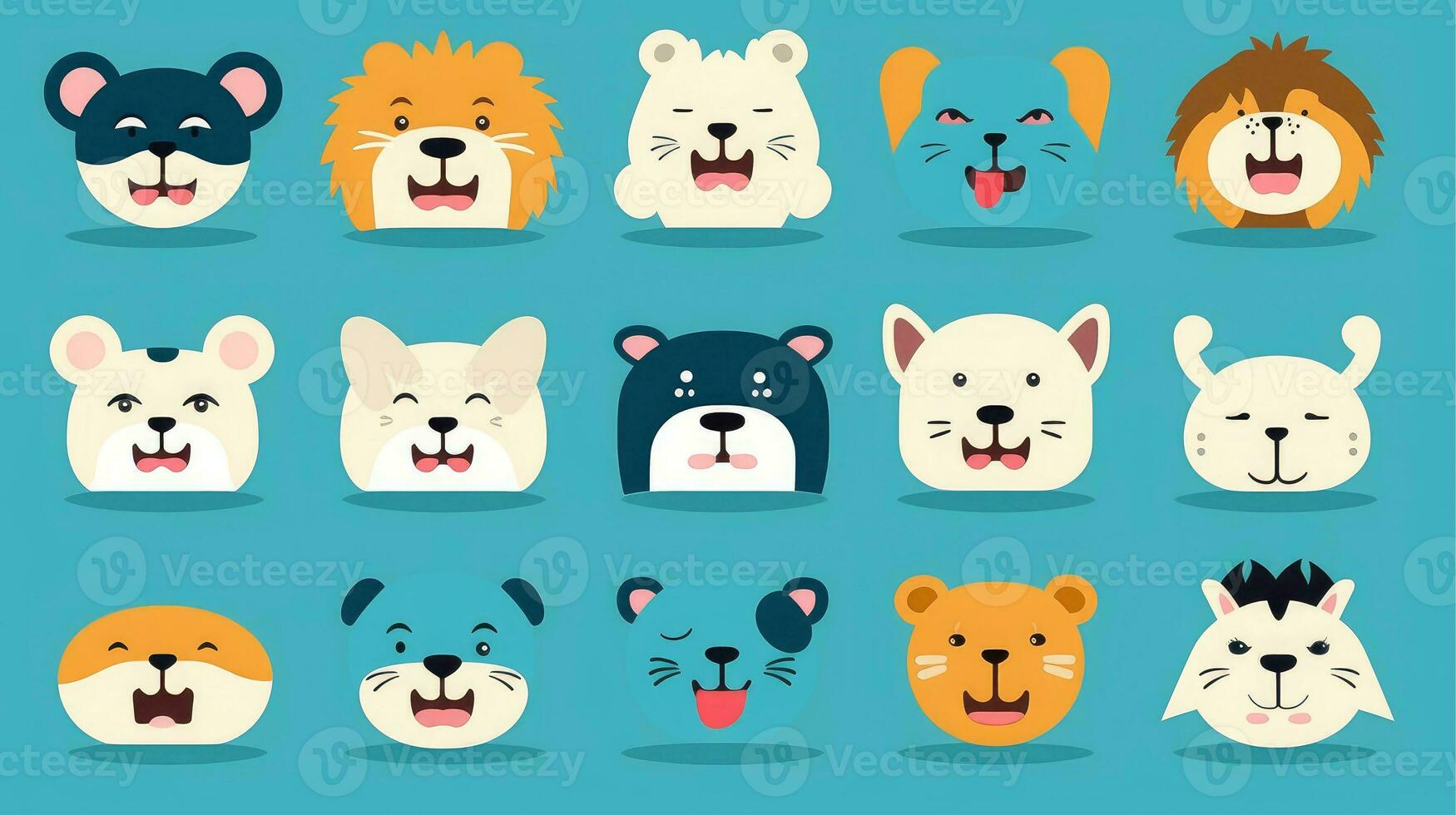 conjunto de animal caras, cara emojis, pegatinas, emoticones, dibujos animados gracioso mascota caracteres cara colocar, generativo ai ilustración foto