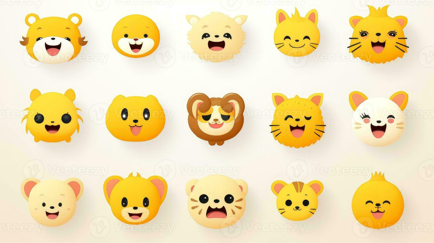 conjunto de animal caras, cara emojis, pegatinas, emoticones, dibujos animados gracioso mascota caracteres cara colocar, generativo ai ilustración foto