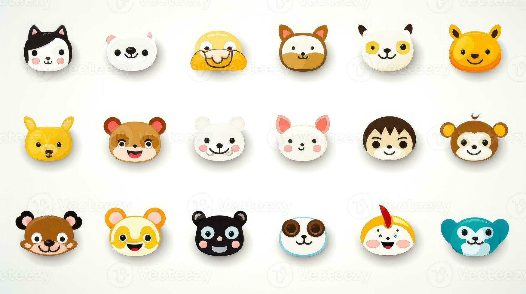 Set of animal faces, face emojis, stickers, emoticons,cartoon funny mascot characters face set, Generative AI illustration photo