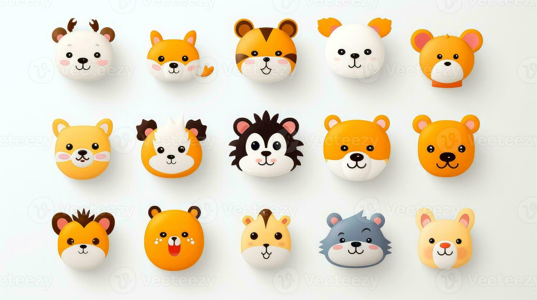 conjunto de animal caras, cara emojis, pegatinas, emoticones, dibujos animados gracioso mascota caracteres cara colocar, generativo ai ilustración foto