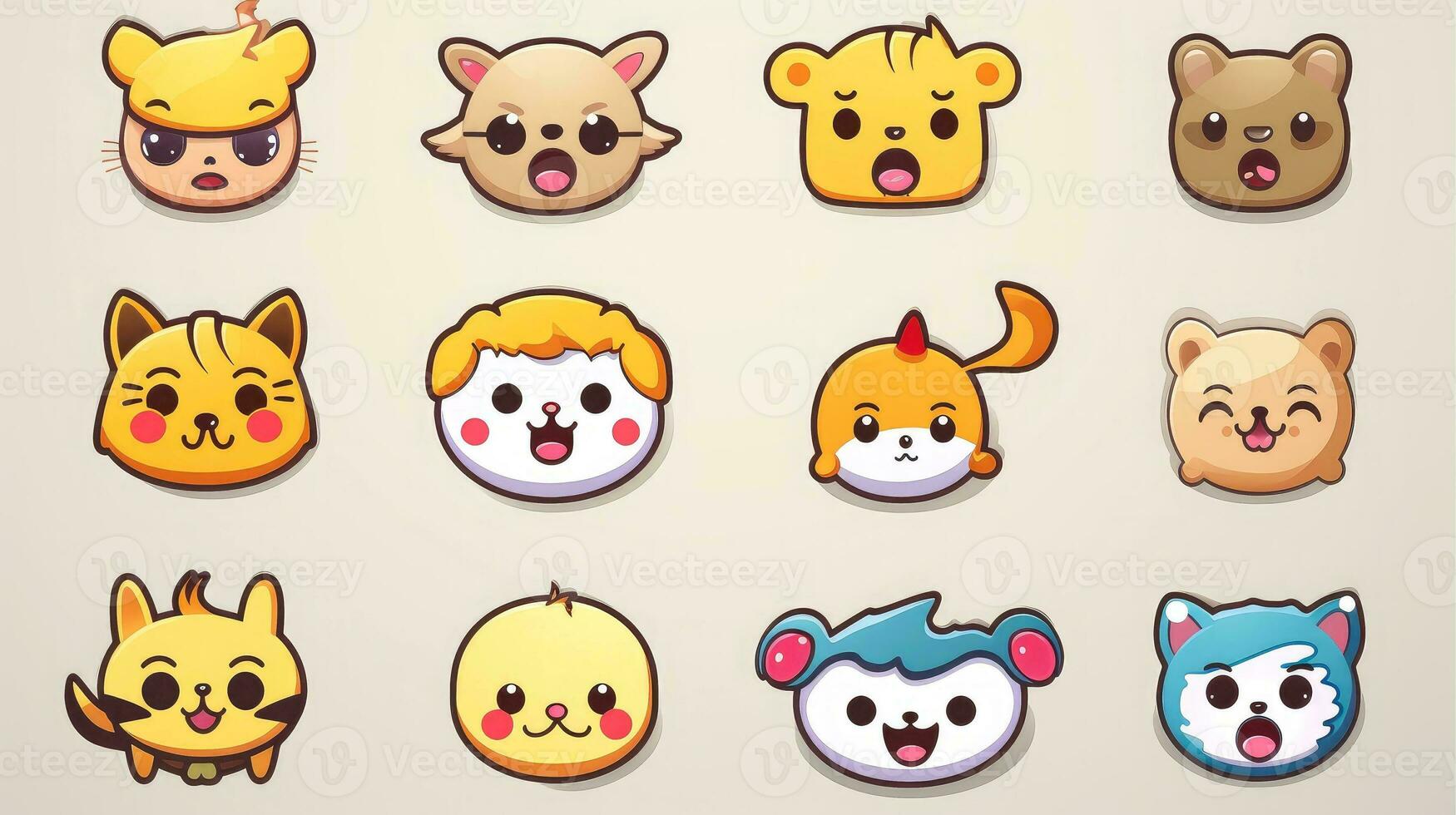 Set of animal faces, face emojis, stickers, emoticons,cartoon funny mascot characters face set, Generative AI illustration photo