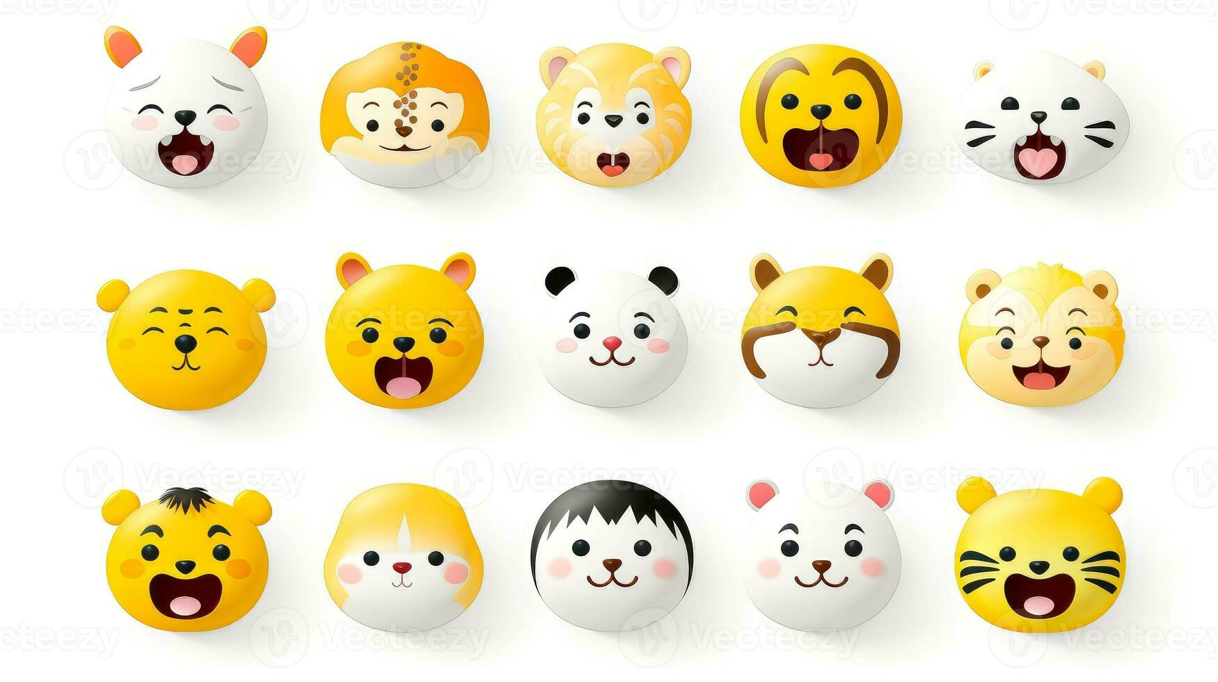 Set of animal faces, face emojis, stickers, emoticons,cartoon funny mascot characters face set, Generative AI illustration photo