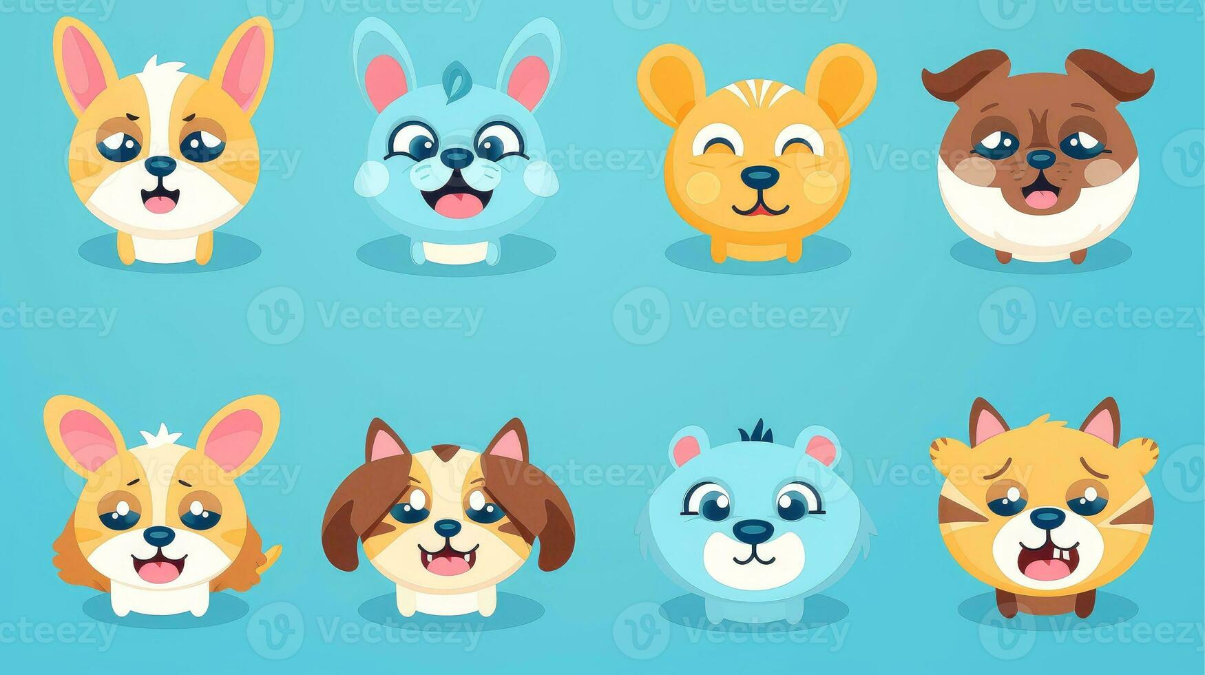 Set of animal faces, face emojis, stickers, emoticons,cartoon funny mascot characters face set, Generative AI illustration photo
