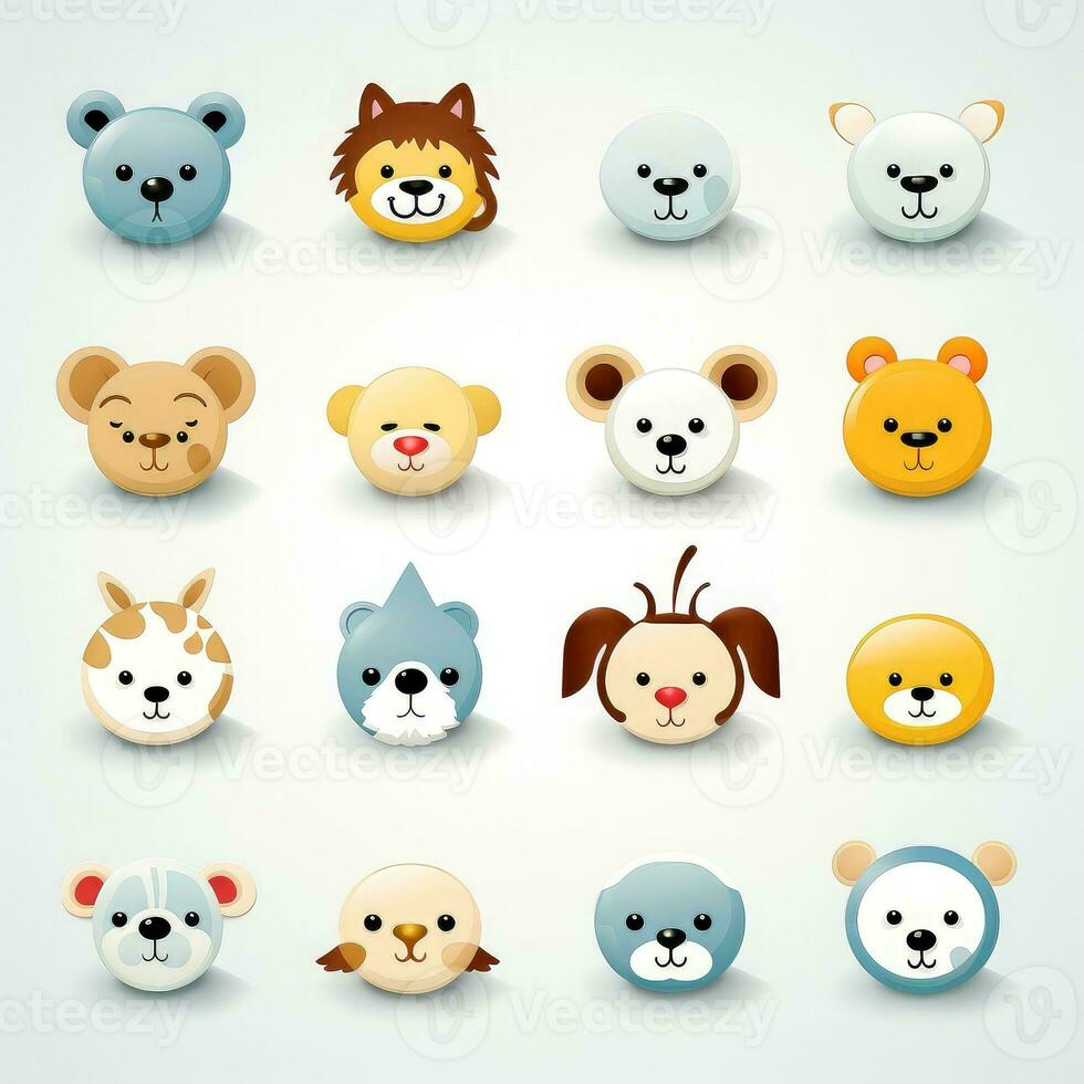 Set of animal faces, face emojis, stickers, emoticons,cartoon funny mascot characters face set, Generative AI illustration photo