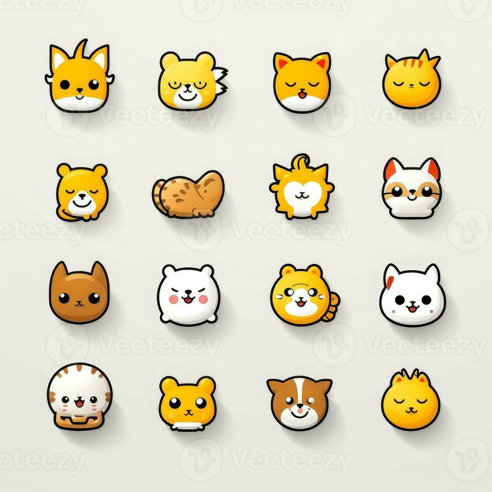 Set of animal faces, face emojis, stickers, emoticons,cartoon funny mascot characters face set, Generative AI illustration photo