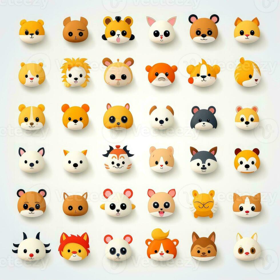 conjunto de animal caras, cara emojis, pegatinas, emoticones, dibujos animados gracioso mascota caracteres cara colocar, generativo ai ilustración foto