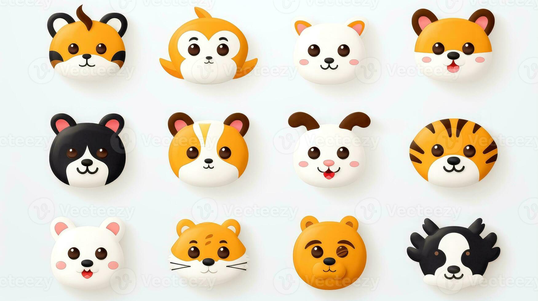 conjunto de animal caras, cara emojis, pegatinas, emoticones, dibujos animados gracioso mascota caracteres cara colocar, generativo ai ilustración foto