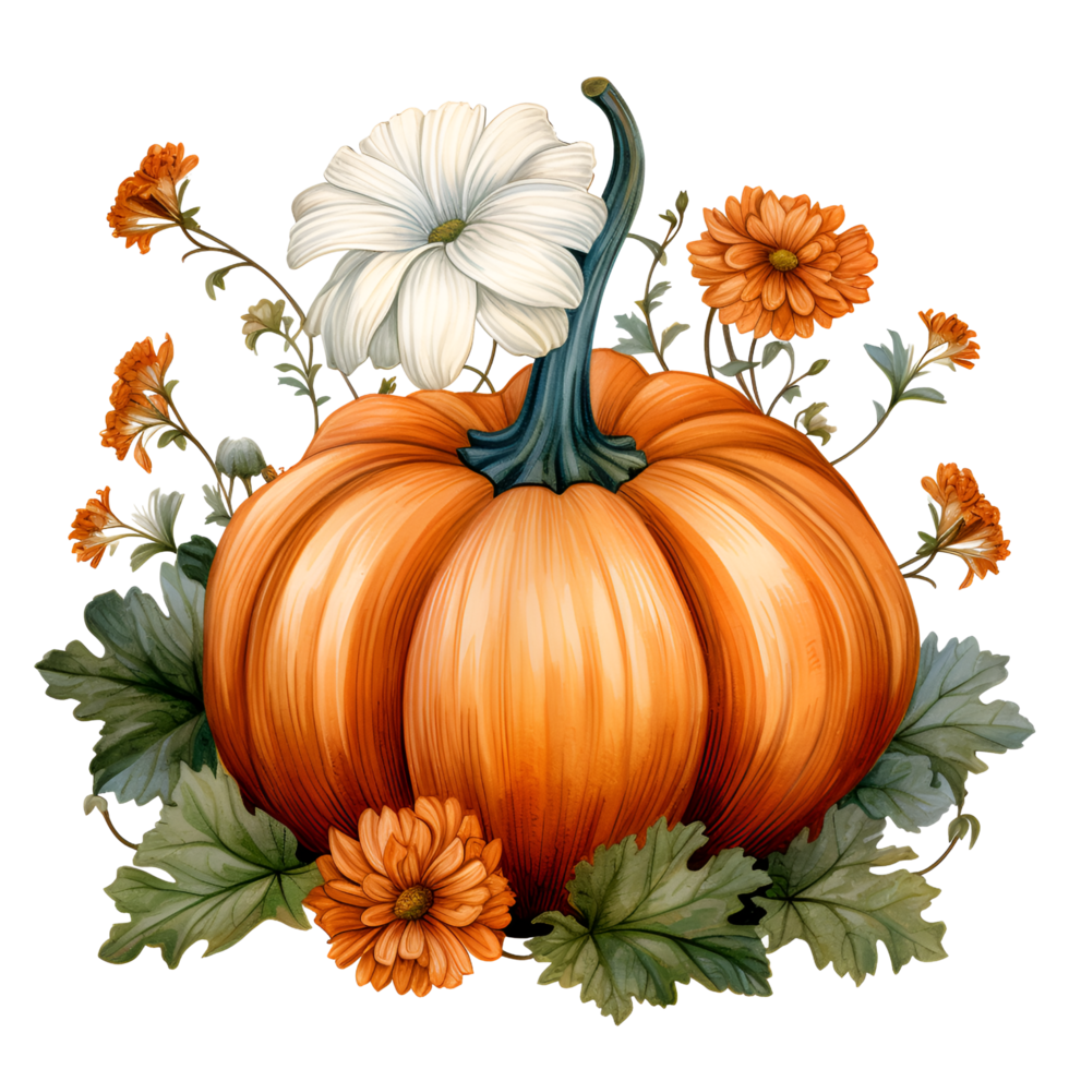 Fall Pumpkin Flowers Watercolor Clipart AI Generated png