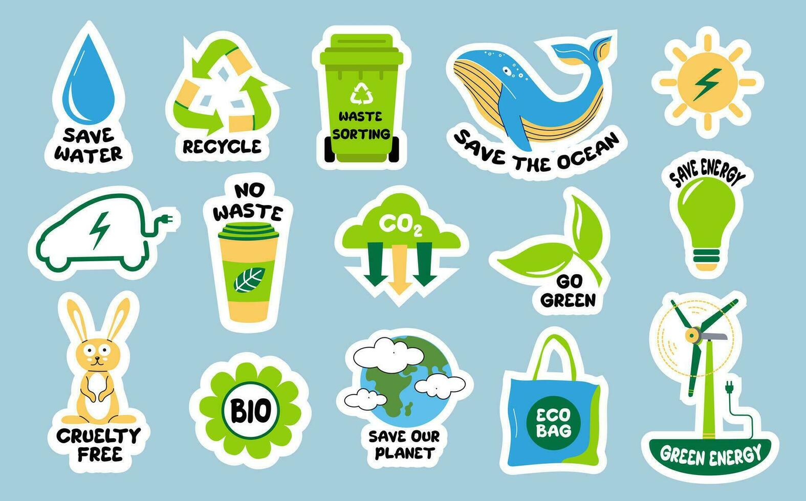 Ecological stickers. Collection of ecology stickers with slogans - no waste, recycle, waste sorting, save energy, save water, bio, save the ocean, eco bag. Bundle of bright vector design elements.