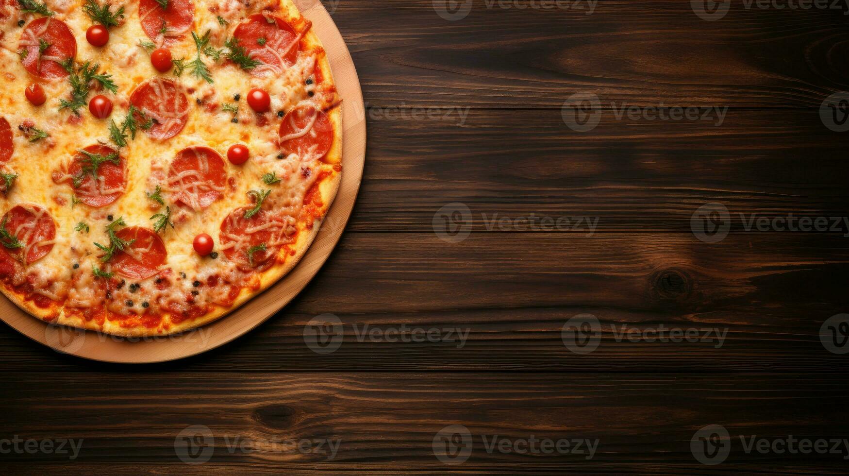 Pizza on a wooden background. Top view with copy space. photo