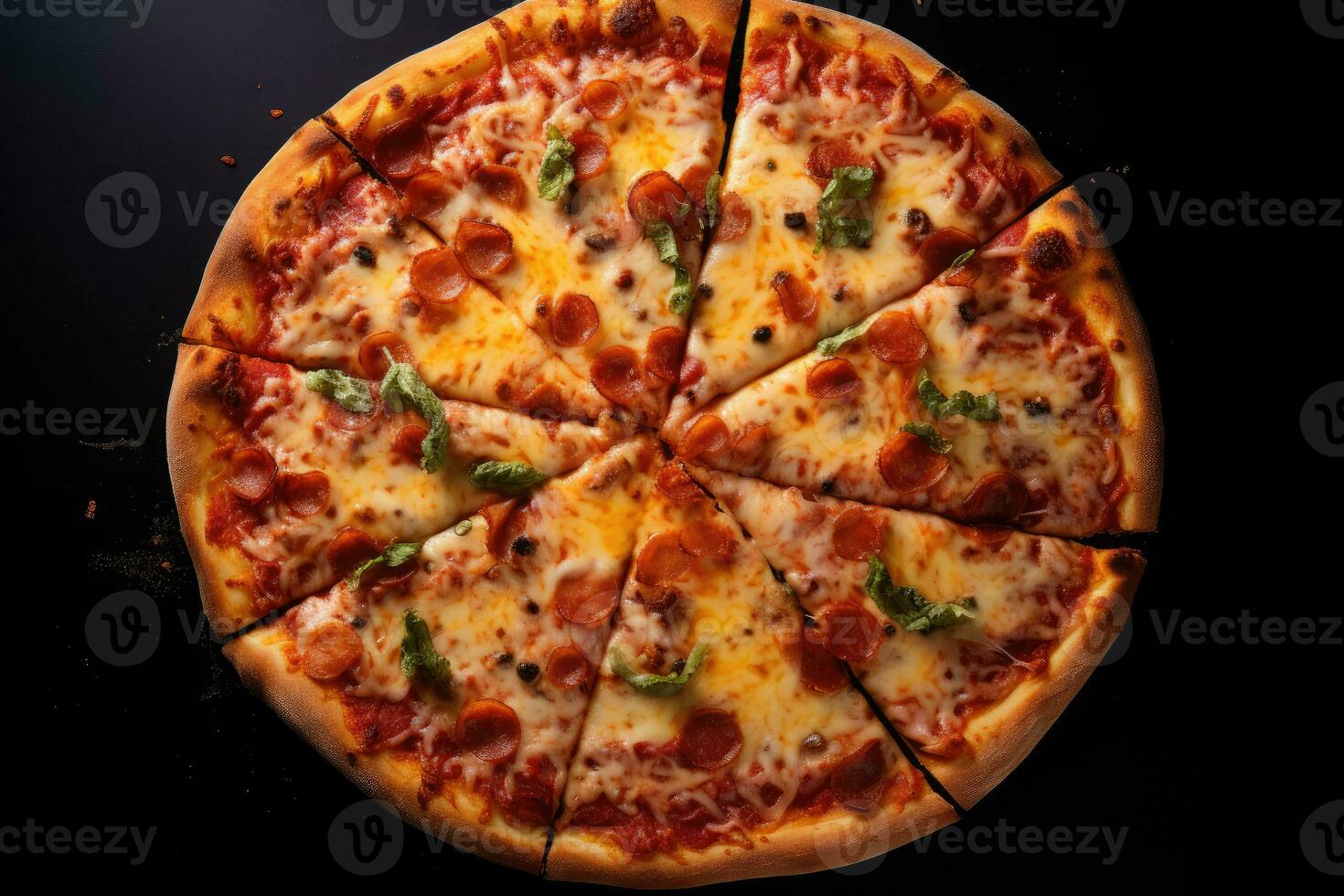 Pizza on a wooden background. Top view with copy space. photo