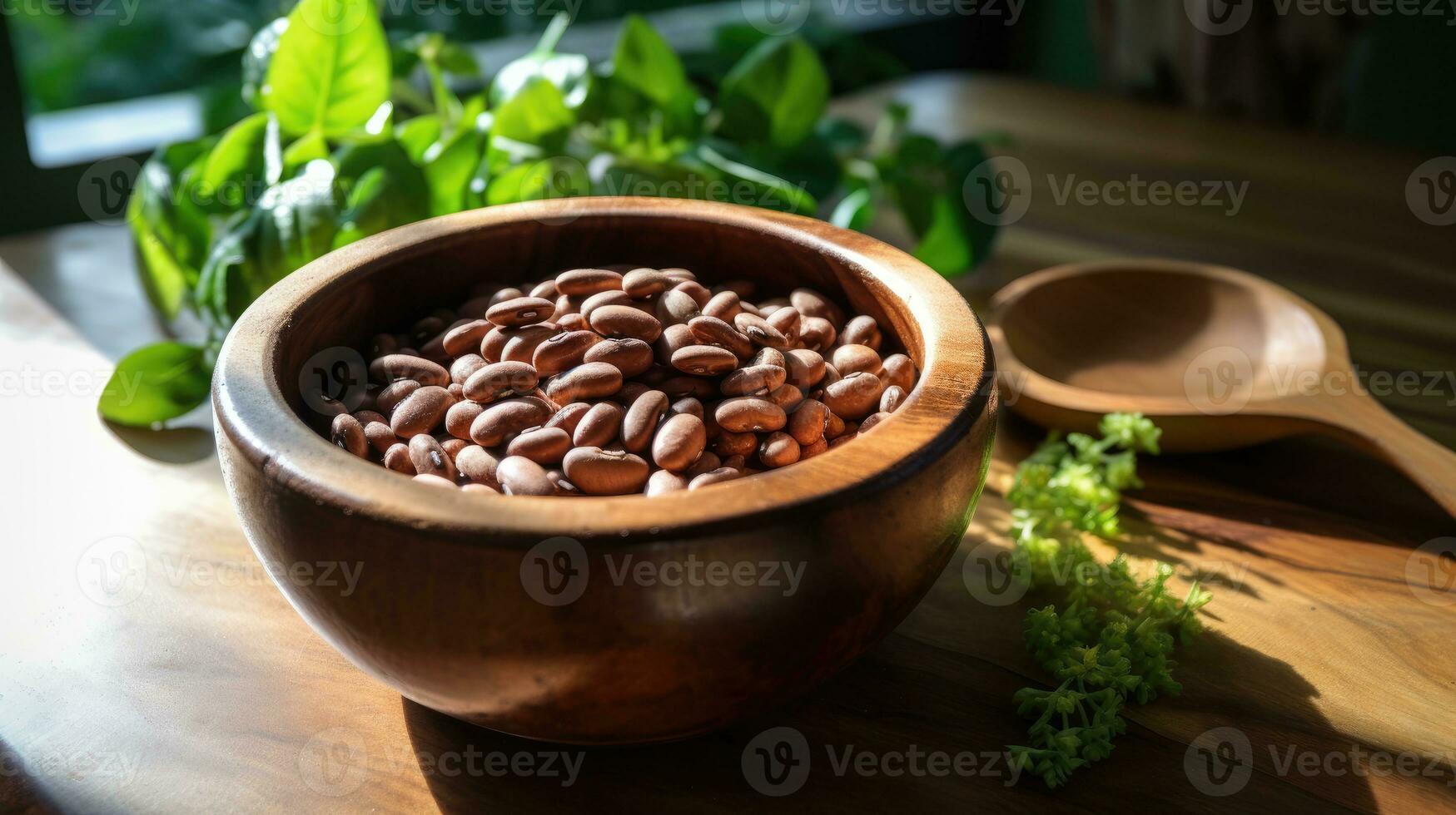 Coffee beans in wooden bowl with fresh green leaves on table photo