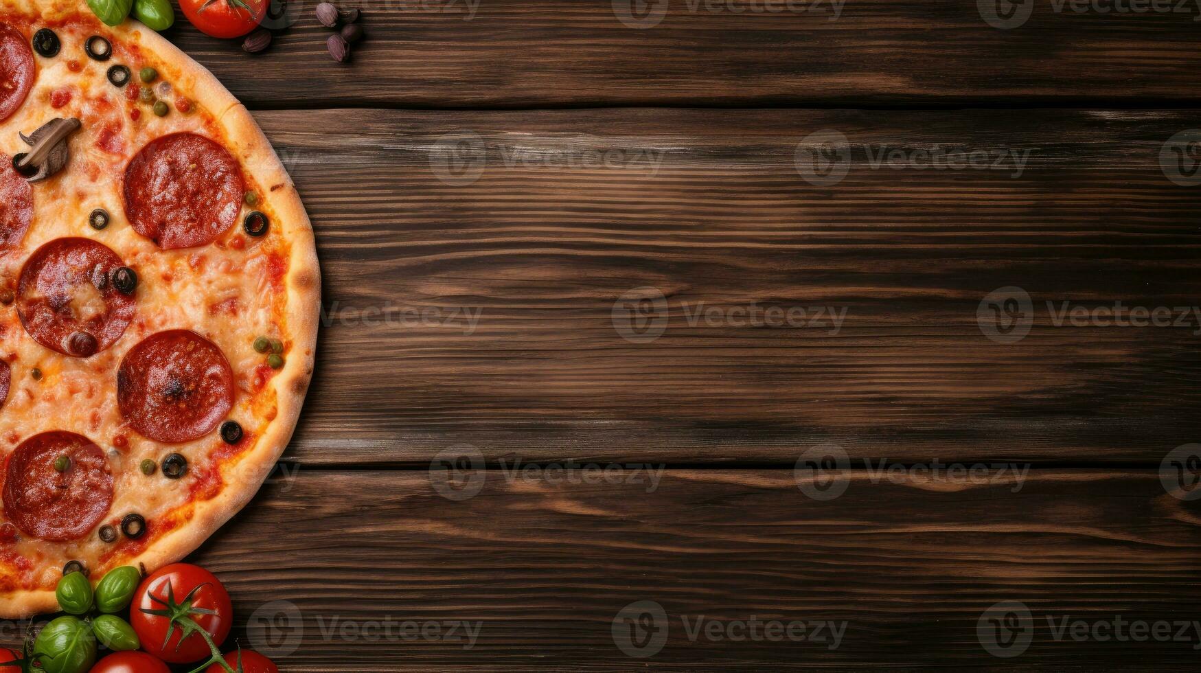 Pizza en un de madera antecedentes. parte superior ver con Copiar espacio. foto