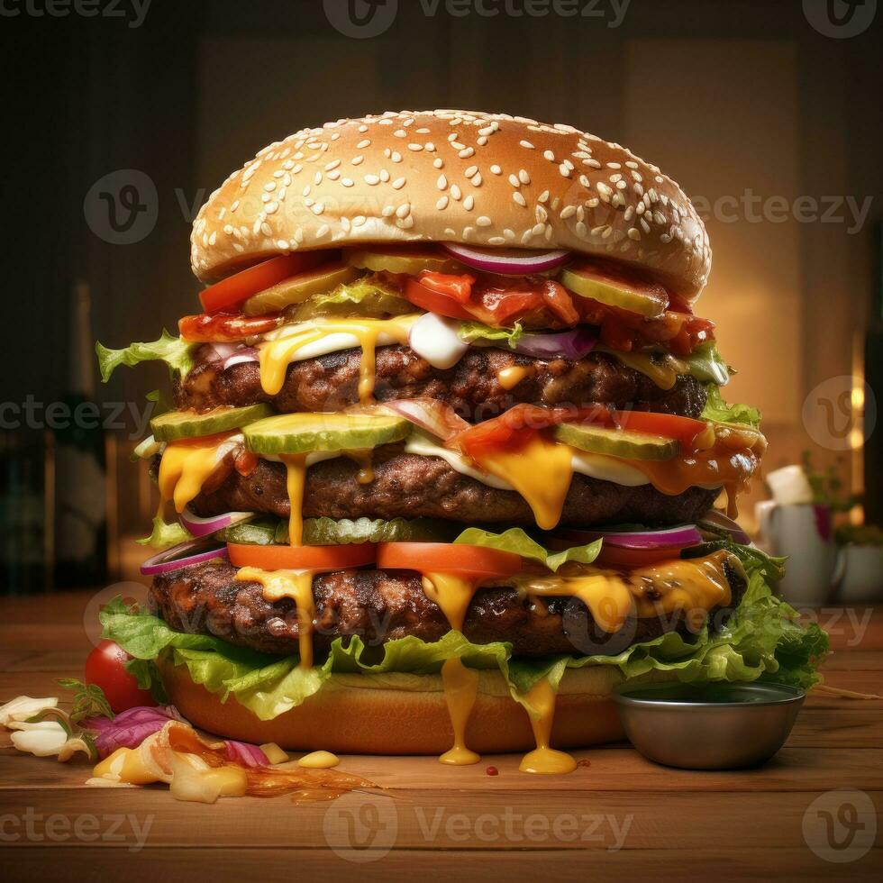 Big tasty hamburger on green grass landscape background photo