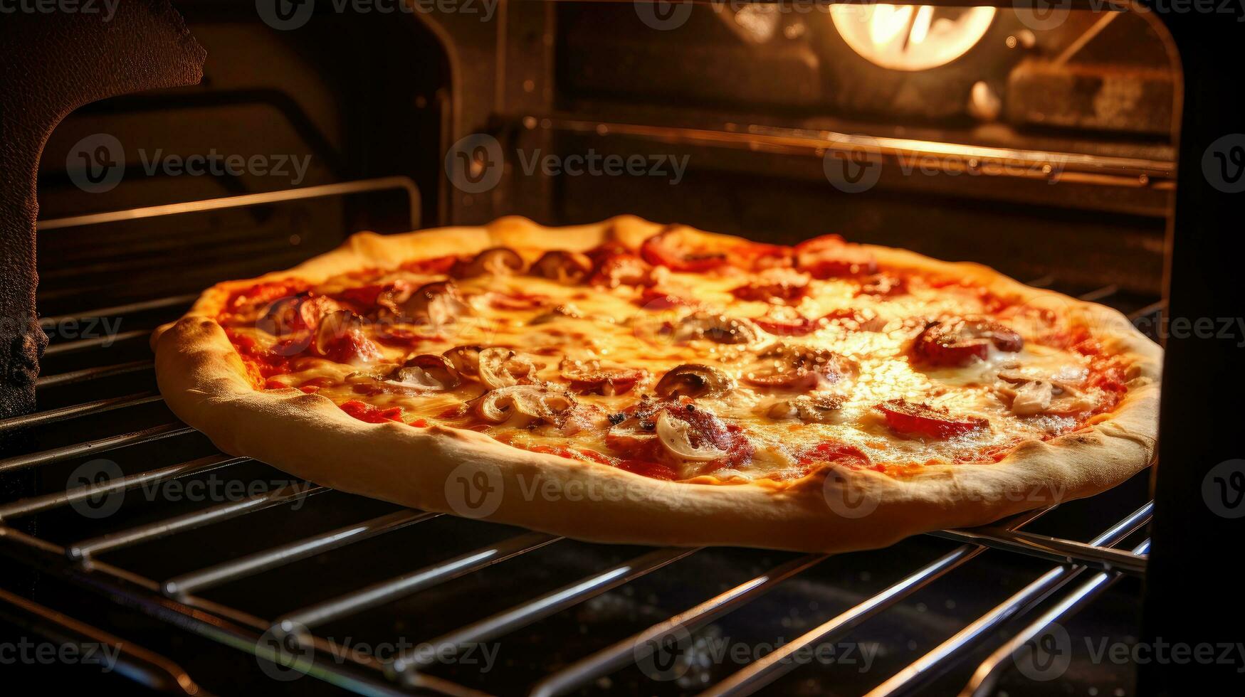 Pizza in the oven. Freshly baked pizza in the oven. photo