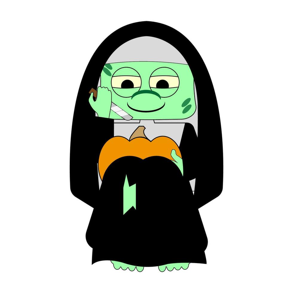 A zombie nun with pumpkin. Vector illustration. All elements are isolated
