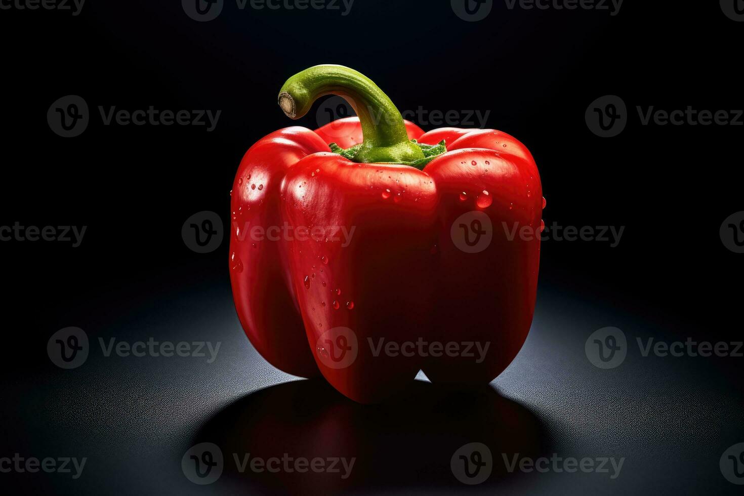 Red bell pepper on black background with drops of water. Studio shot. photo