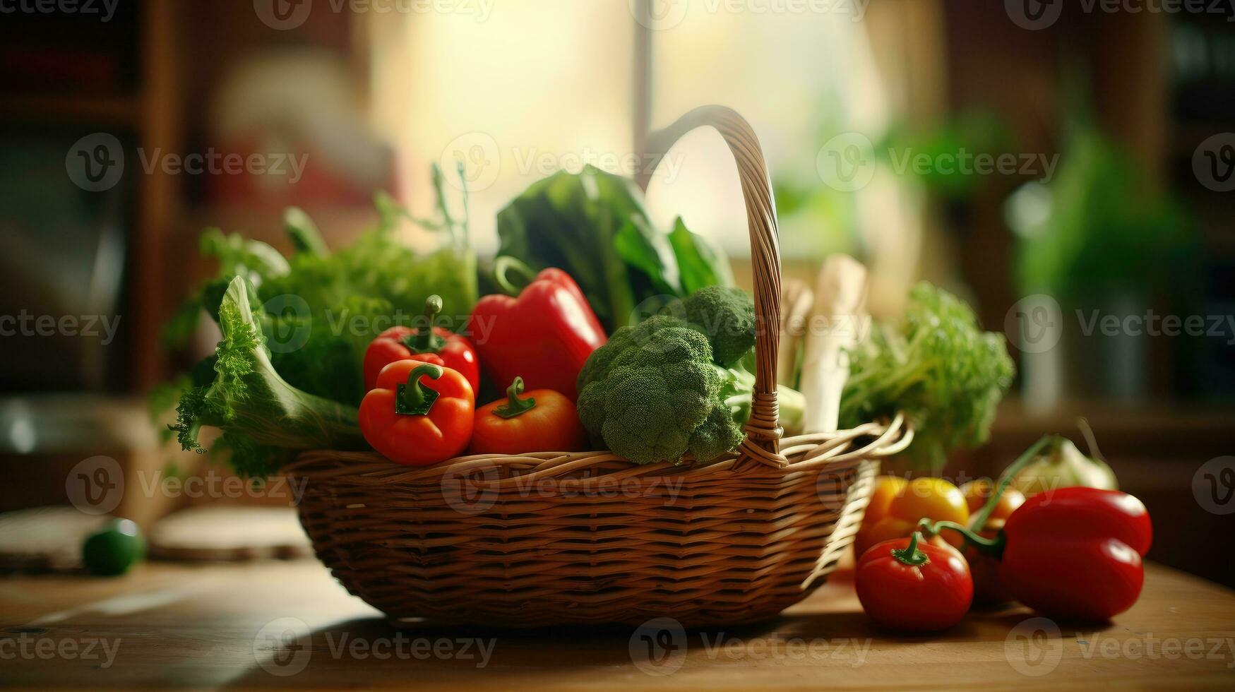 vegetables in wicker basket on wooden table photo