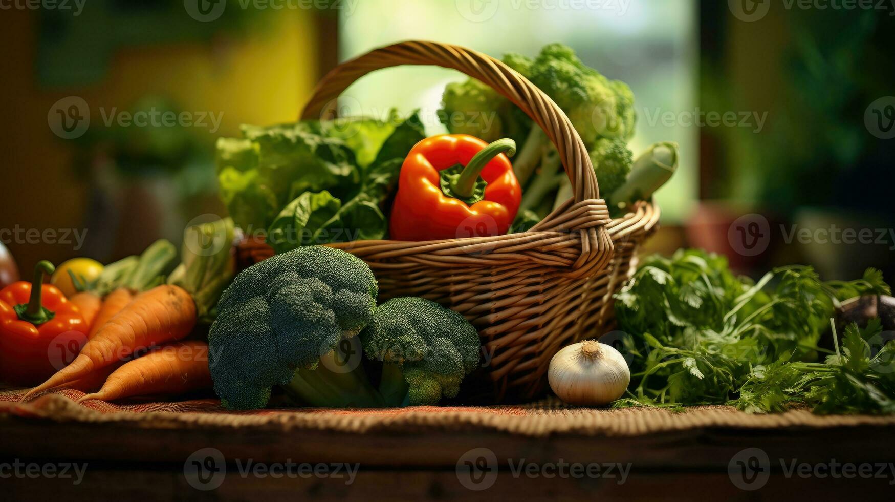 vegetales en mimbre cesta en de madera mesa foto