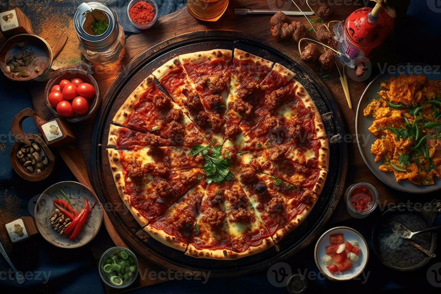 Pizza with meat and vegetables on a wooden table. Top view photo