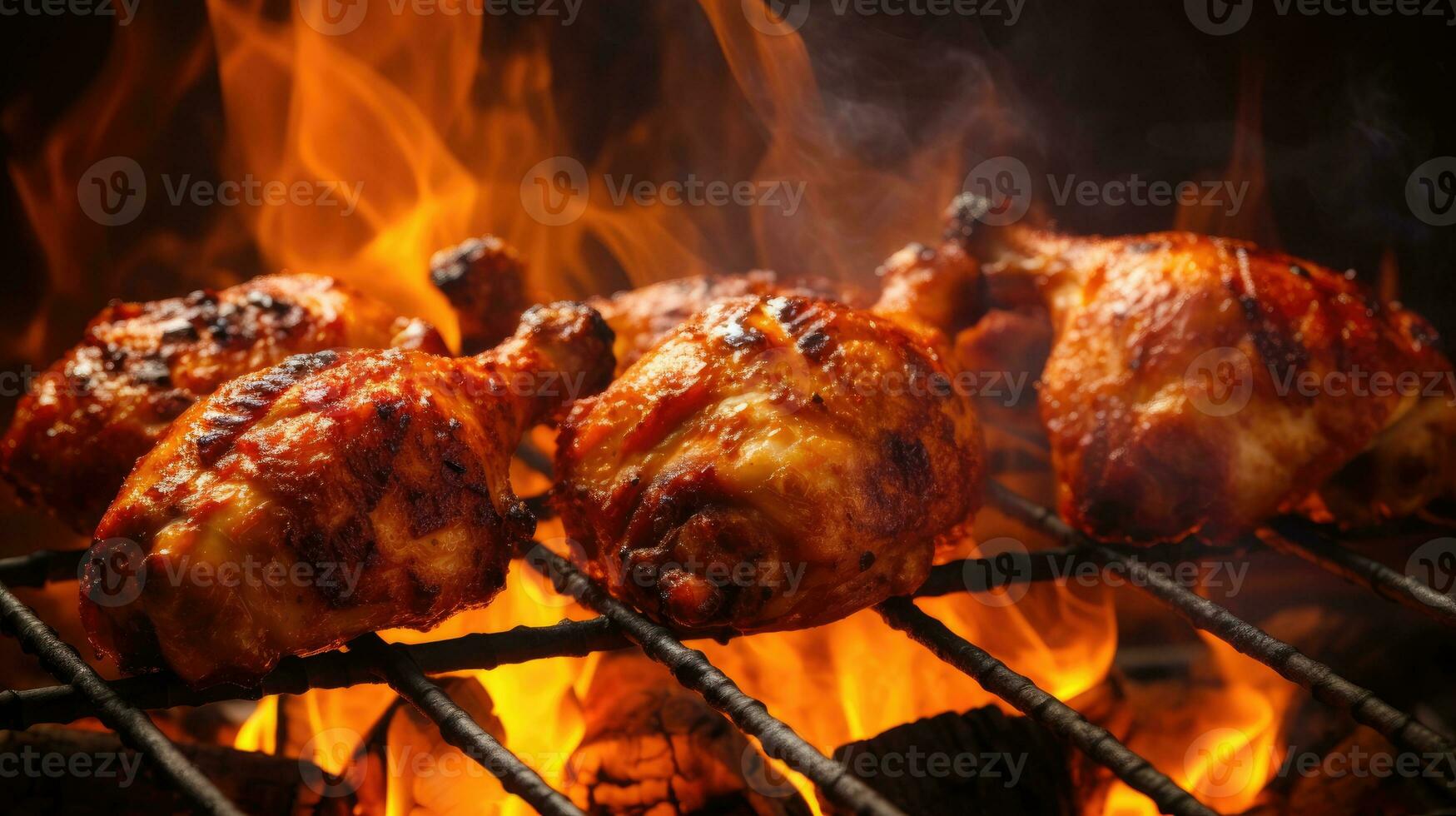 Roasted chicken legs on the grill with flames and smoke, close up photo