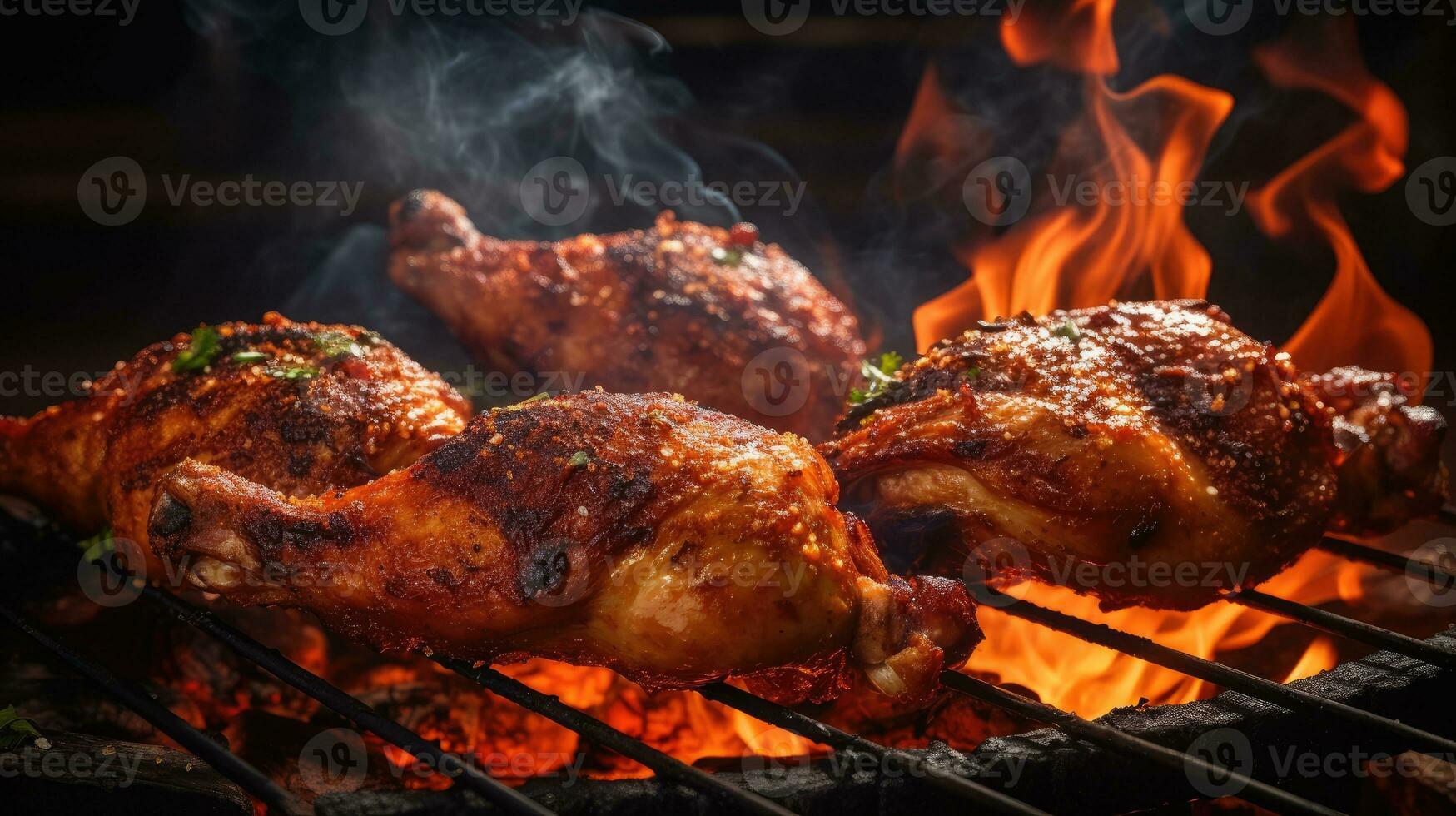 Roasted chicken legs on the grill with flames and smoke, close up photo