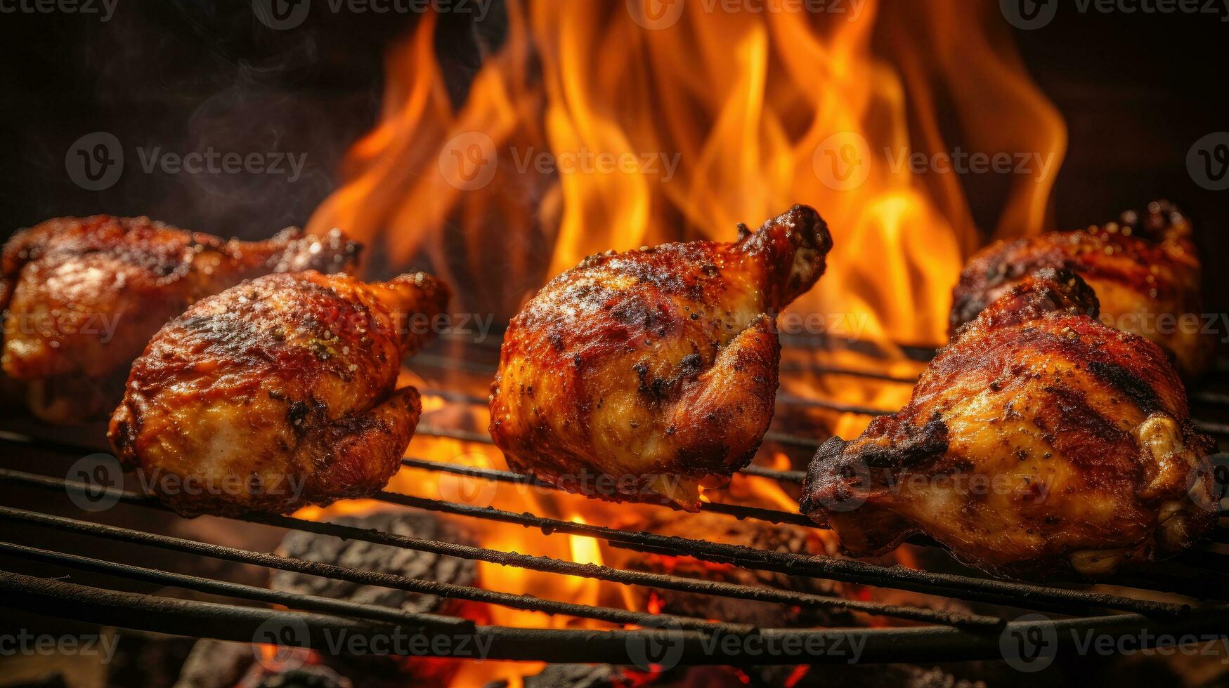 Roasted chicken legs on the grill with flames and smoke, close up photo