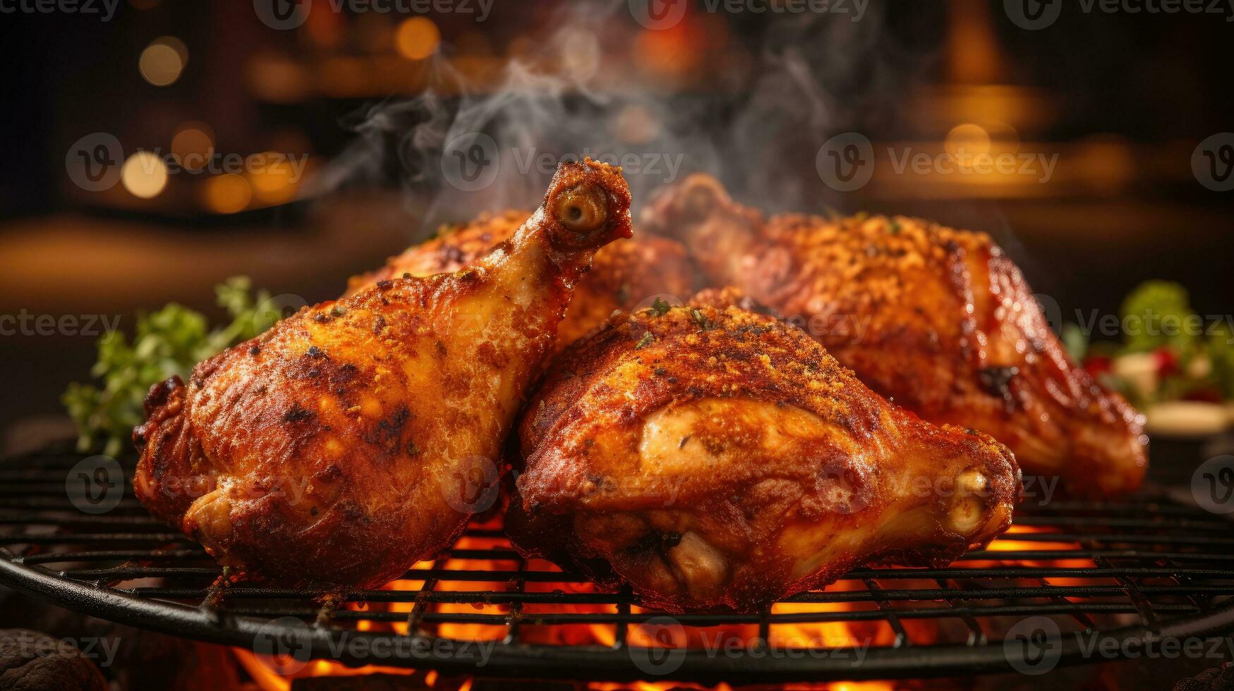 Roasted chicken legs on the grill with flames and smoke, close up photo