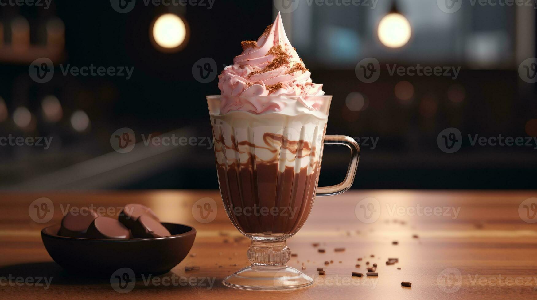 Chocolate pudding ice cream with whipped cream in a glass bowl photo