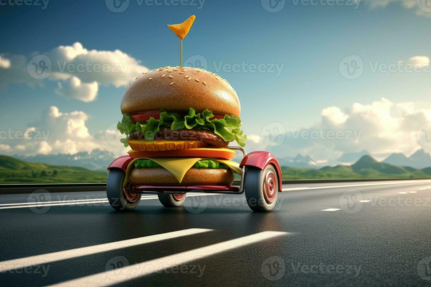 Burger delivery. Fast hamburger car. Cheeseburger as fast food car. Hamburger driving on the road. Fast food concept photo