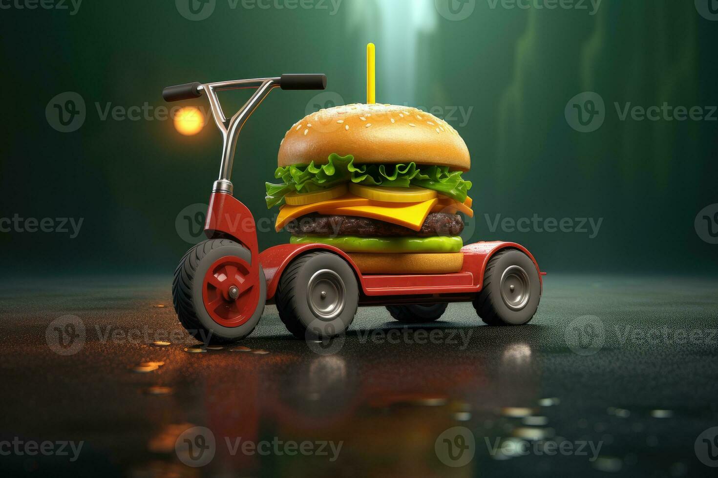 Burger delivery. Fast hamburger car. Cheeseburger as fast food car. Hamburger driving on the road. Fast food concept photo