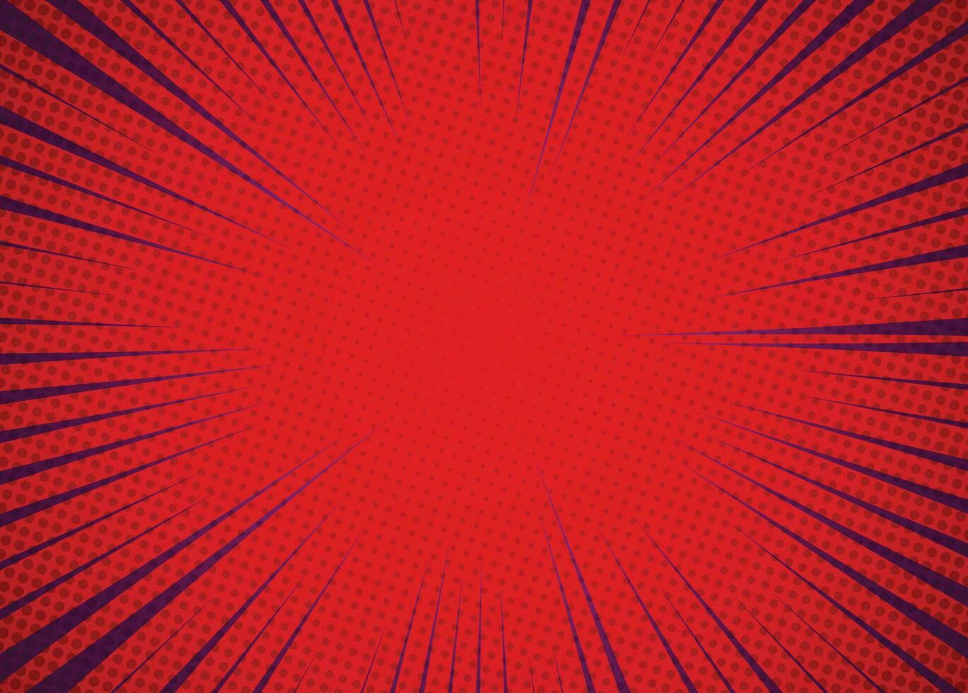 Pop art background with speed radial lines in manga style. Comic halftone pattern. Cartoon vintage texture. Geometric duotone banner. Superhero gradient design. Vector illustration