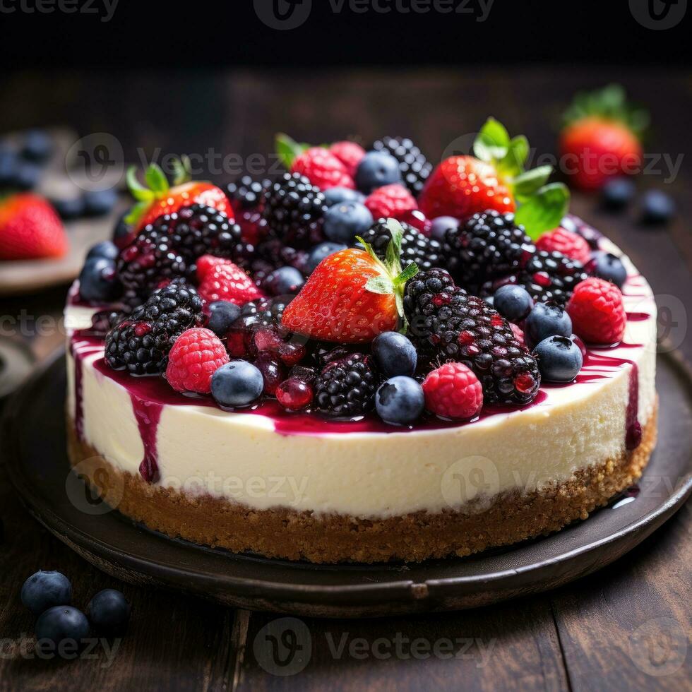 Cheesecake with fresh berries on wooden background photo