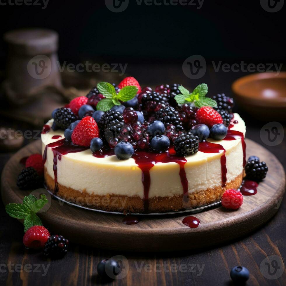Cheesecake with fresh berries on wooden background photo