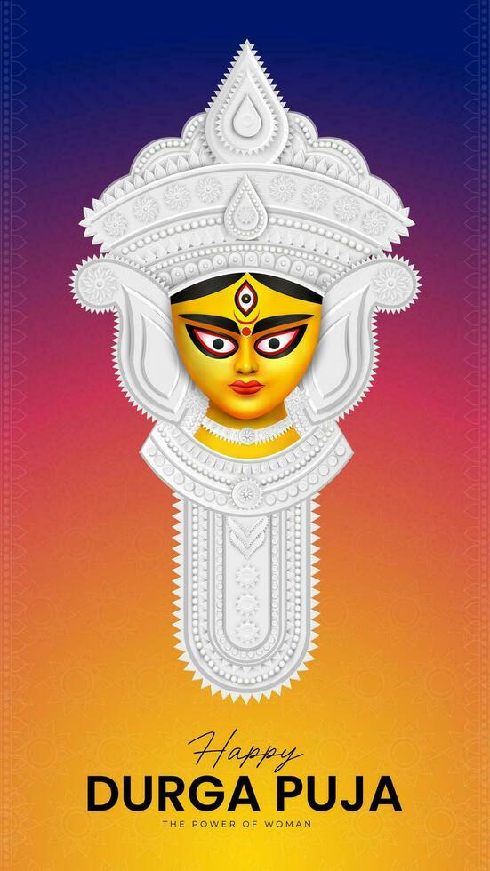 diosa maa Durga cara en contento Durga puya, dussehra, y navratri celebracion concepto para web bandera, póster, social medios de comunicación correo, y volantes publicidad vector