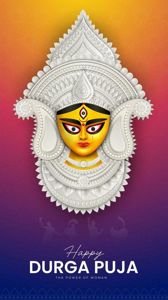 diosa maa Durga cara en contento Durga puya, dussehra, y navratri celebracion concepto para web bandera, póster, social medios de comunicación correo, y volantes publicidad vector