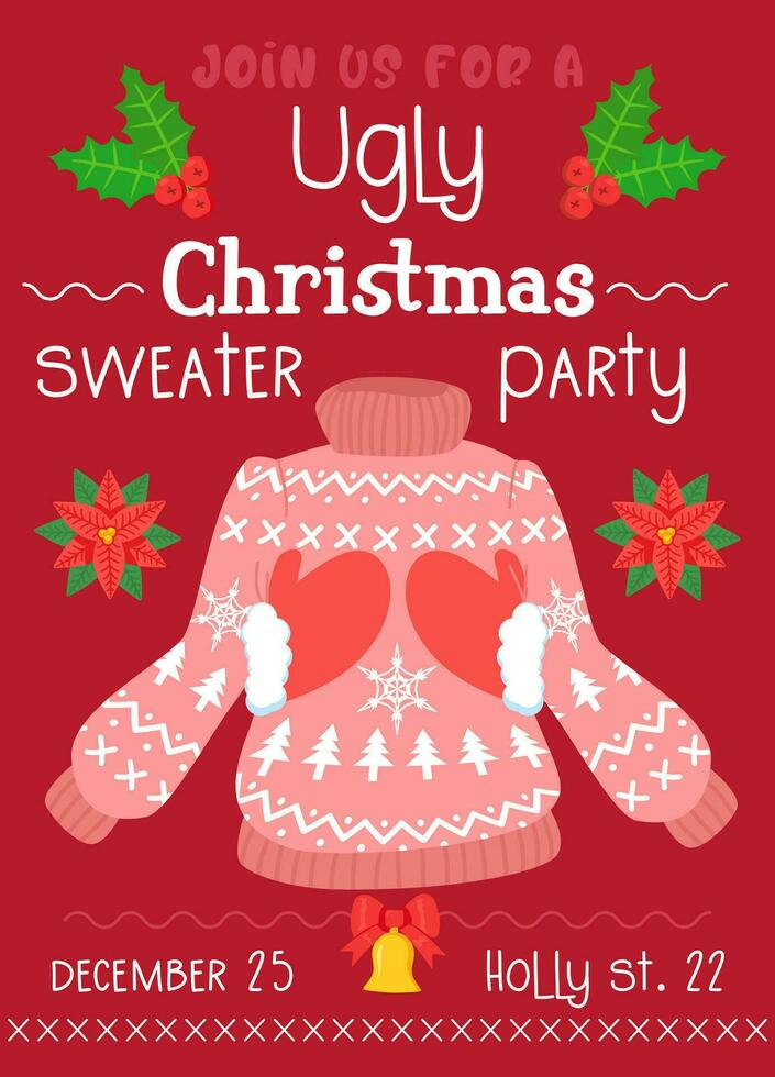 feo suéter fiesta invitación. Navidad invierno suéteres con diferente ridiculizar diseño, bricolaje onda. vector