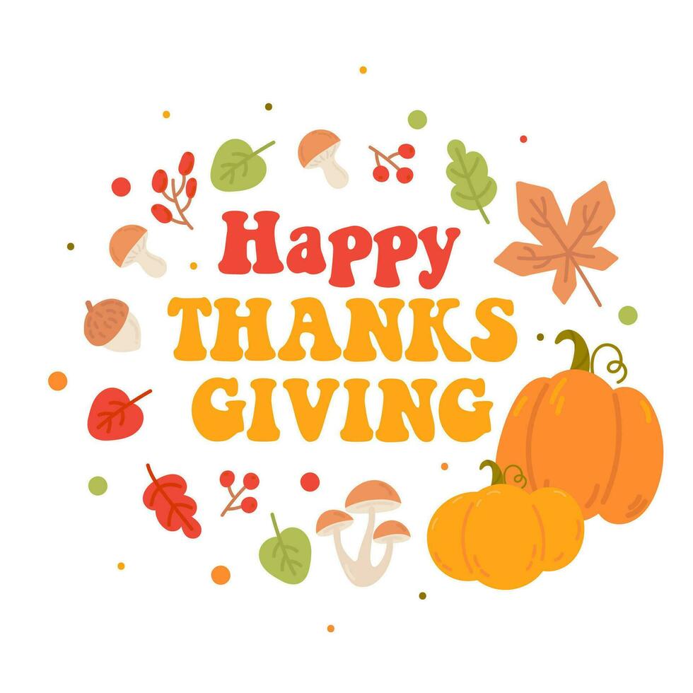 Happy thanksgiving day greeting card with pumpkin and leaves vector