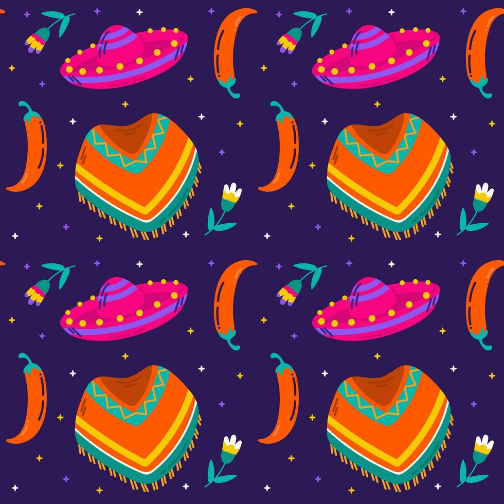 Mexican seamless pattern with sombrero and poncho. Day of the dead vector